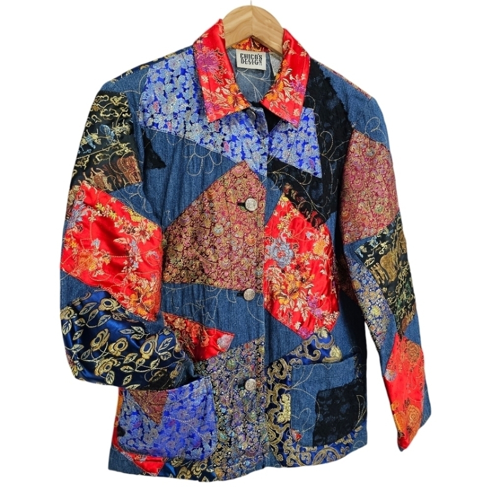 Chicos Patchwork Denim Jacket Womens Size Small Boho Jacquard Festival Vintage - Picture 10 of 16